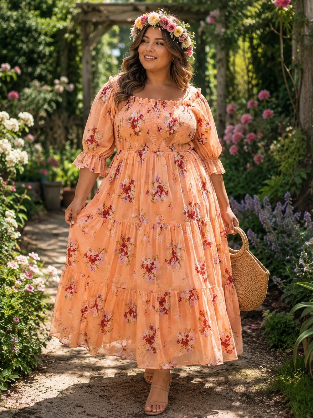 Plus Size Peach Floral Maxi Dress with Smocked Bodice